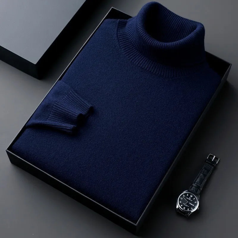 Men's plain turtleneck sweater with ribbed collar and cuffs in a presentation box