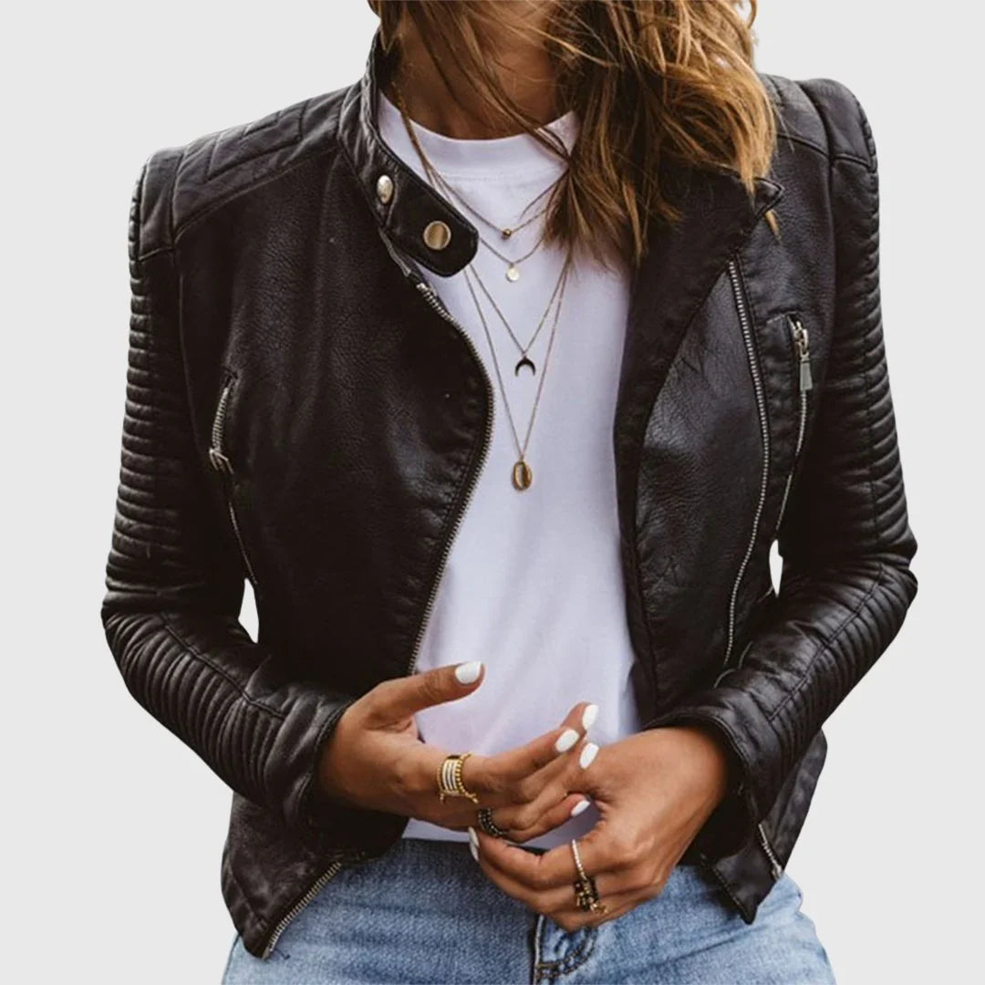 Women's black fitted biker jacket with quilted sleeves and diagonal zip