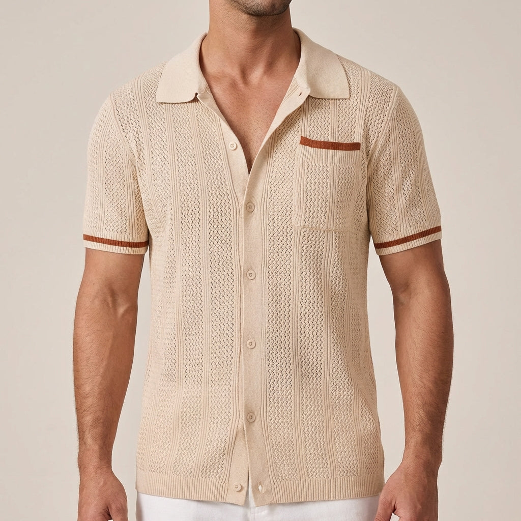 Men's openwork short-sleeve shirt with camp collar and buttons