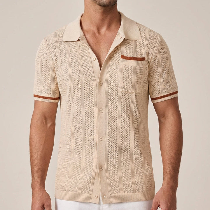 Men's openwork short-sleeve shirt with camp collar and buttons