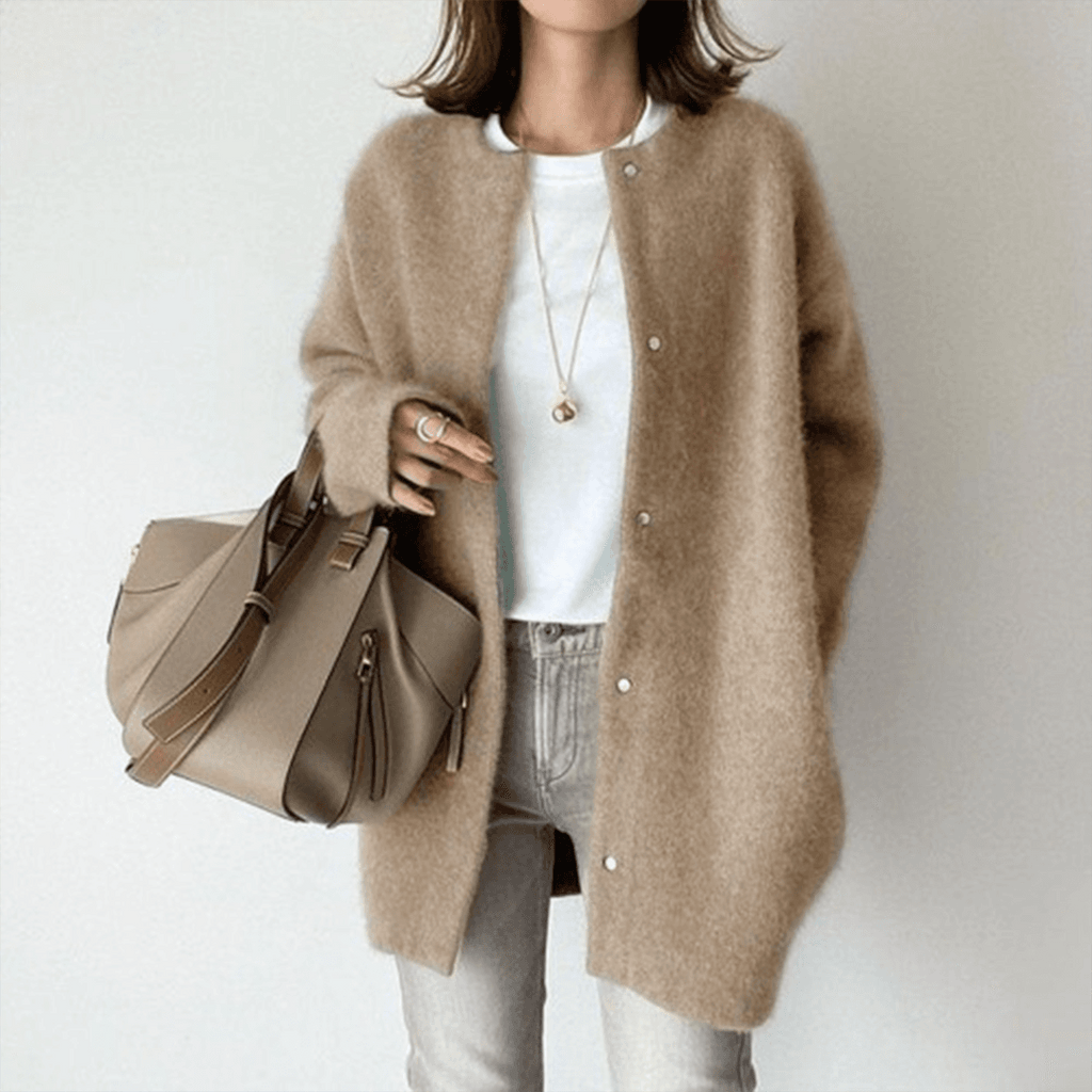 Women's longline button front cardigan with round neckline and long sleeves