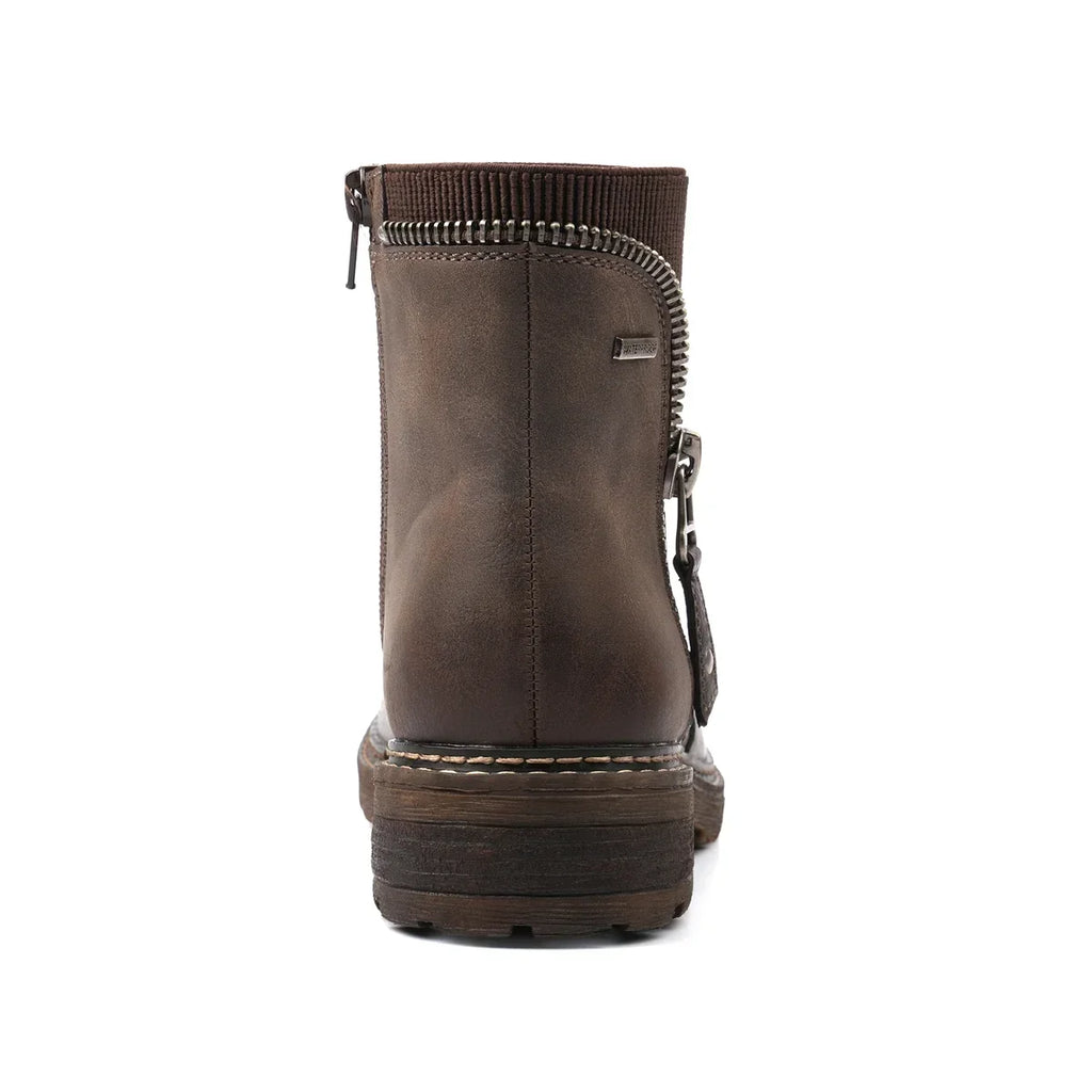 Brown women's waterproof ankle boots with side zip, ribbed collar and treaded sole