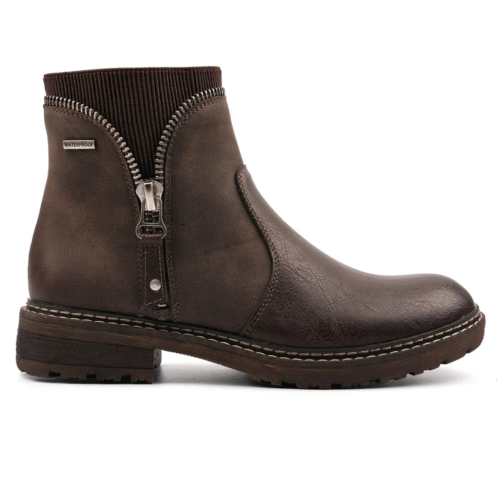 Brown women's waterproof ankle boots with side zip, ribbed collar and treaded sole