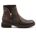 Brown women's waterproof ankle boots with side zip, ribbed collar and treaded sole