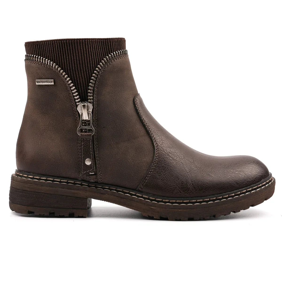 Brown women's waterproof ankle boots with side zip, ribbed collar and treaded sole