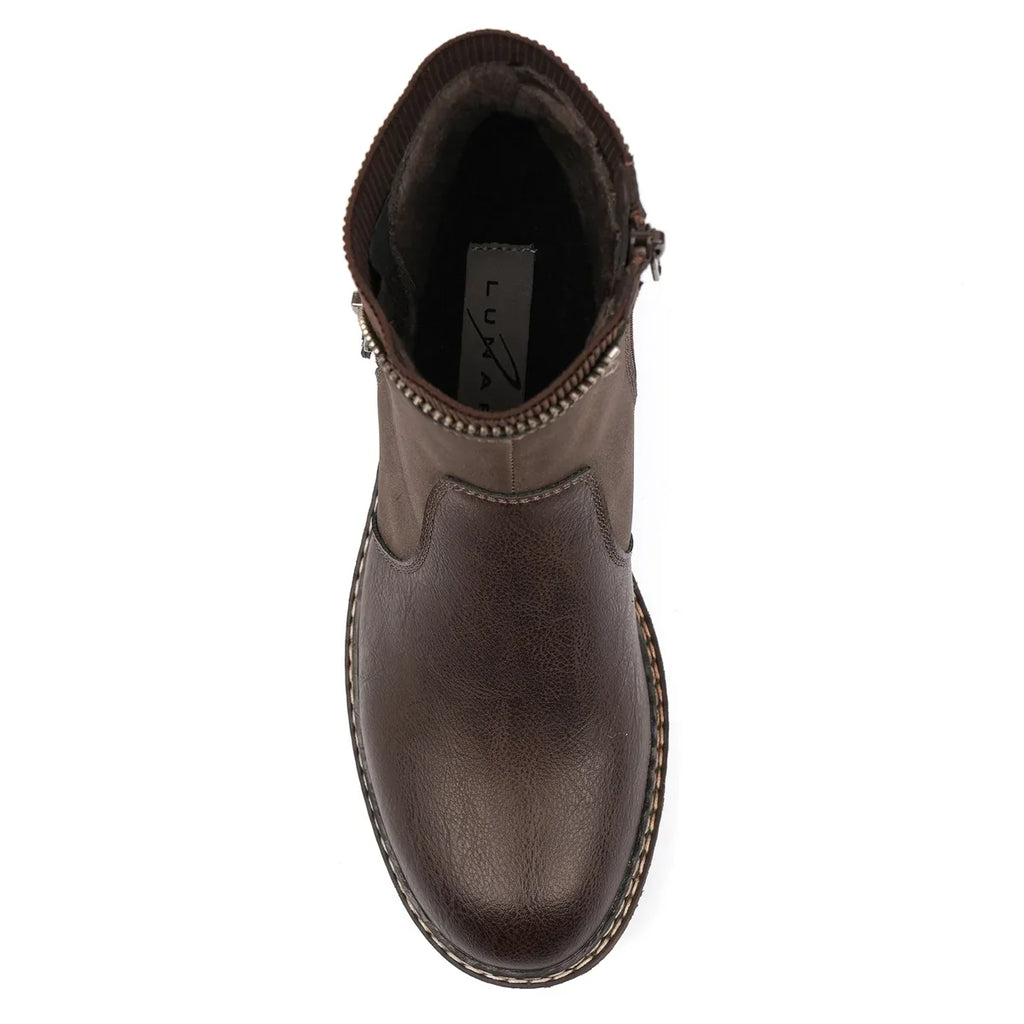 Brown women's waterproof ankle boots with side zip, ribbed collar and treaded sole