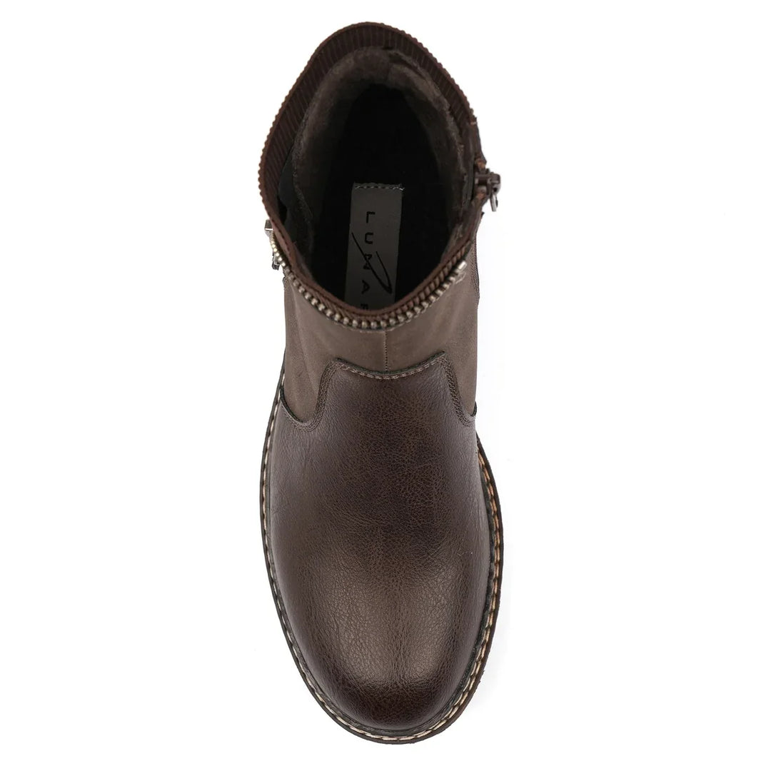 Brown women's waterproof ankle boots with side zip, ribbed collar and treaded sole