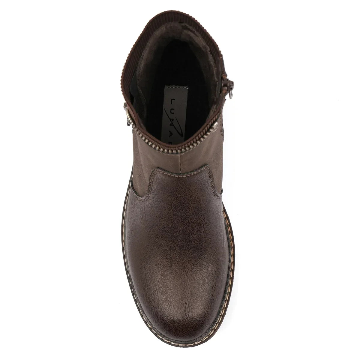 Brown women's waterproof ankle boots with side zip, ribbed collar and treaded sole