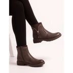 Brown women's waterproof ankle boots with side zip, ribbed collar and treaded sole