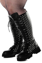 Women's black knee-high lace-up boots with silver studs and lugged soles