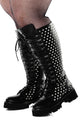 Women's black knee-high lace-up boots with silver studs and lugged soles