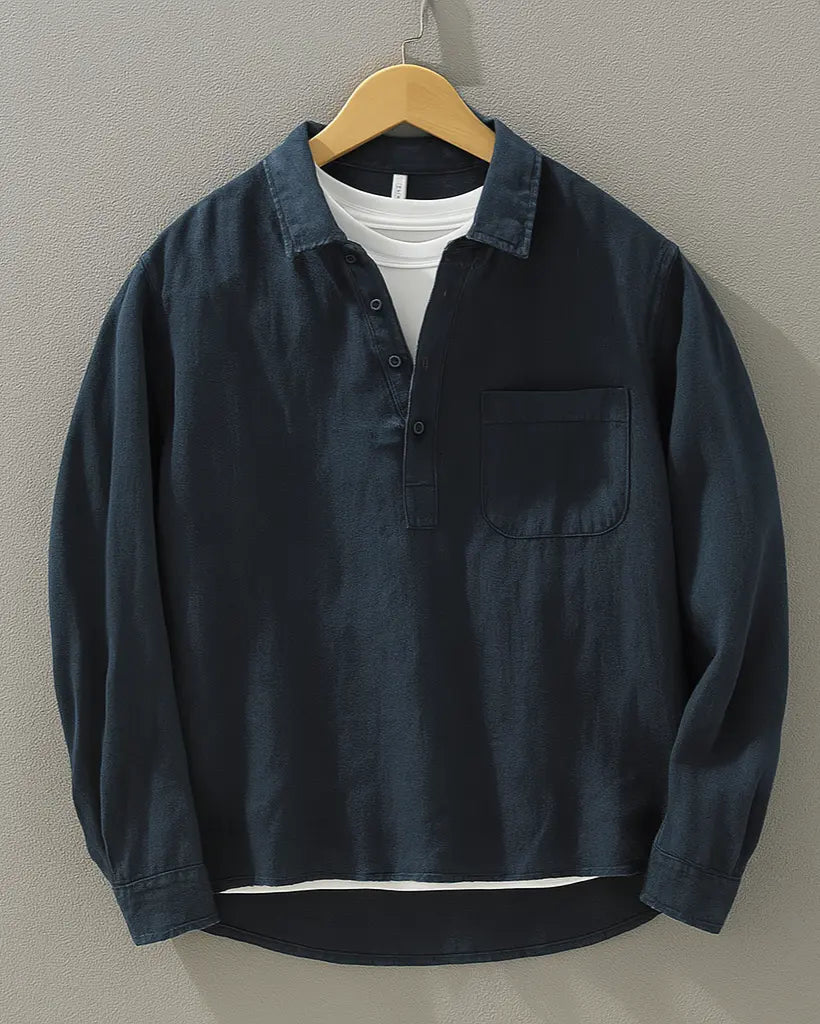 Men's long-sleeve popover shirt with collar and chest pocket