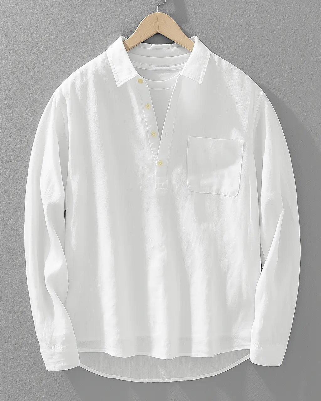 Men's long-sleeve popover shirt with collar and chest pocket