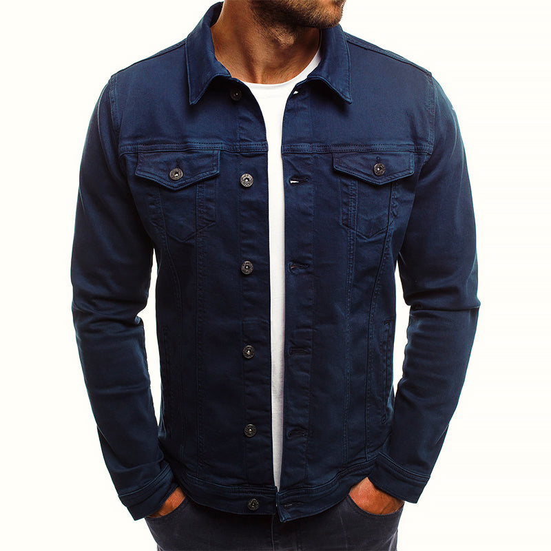 Men's fitted denim jacket with button front and chest pockets