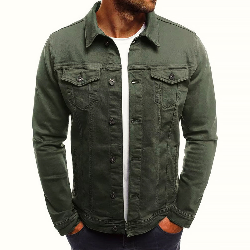Men's fitted denim jacket with button front and chest pockets