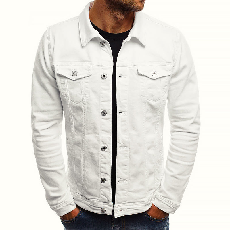 Men's fitted denim jacket with button front and chest pockets