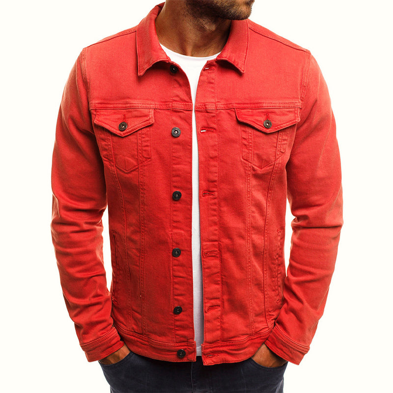 Men's fitted denim jacket with button front and chest pockets