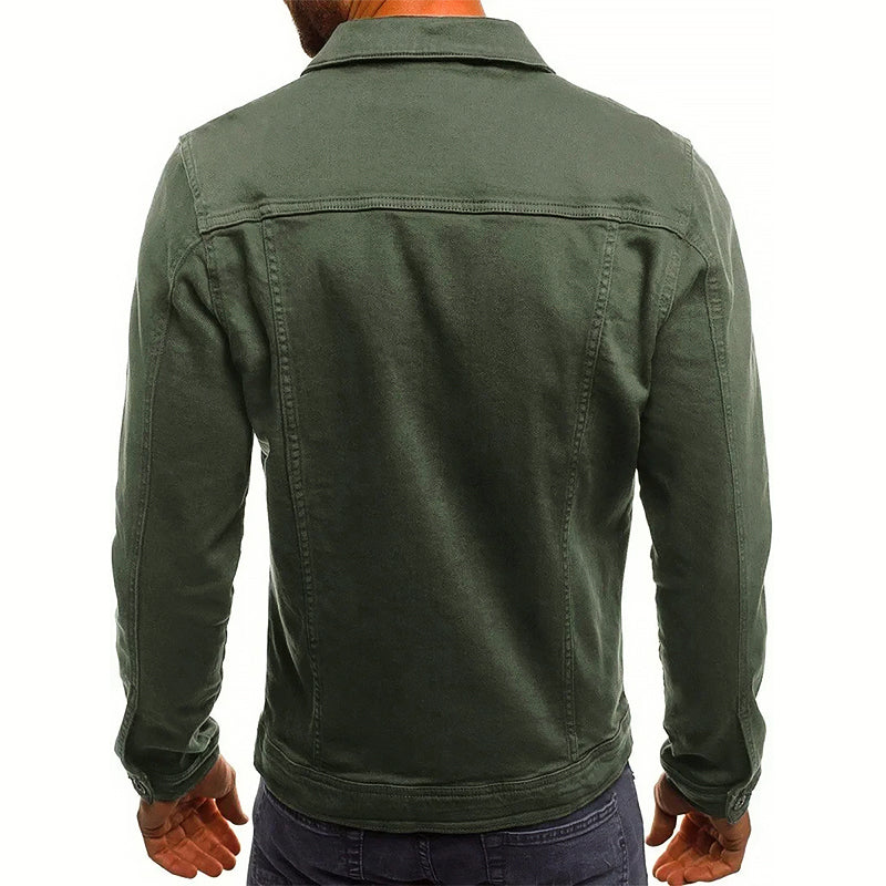 Men's fitted denim jacket with button front and chest pockets