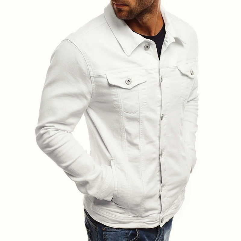 Men's fitted denim jacket with button front and chest pockets