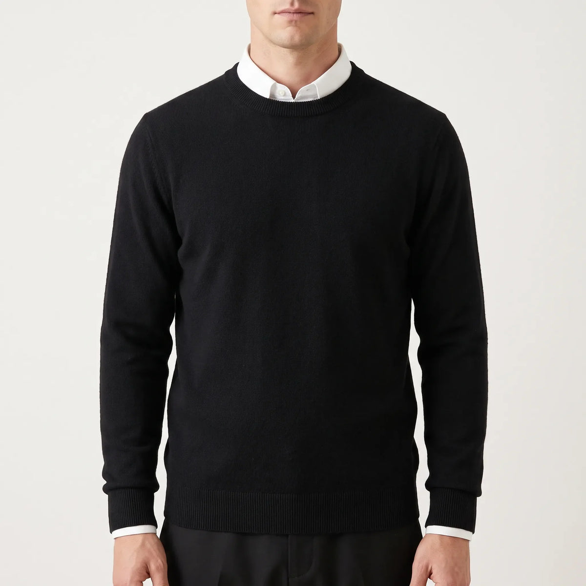 Men's plain crew neck sweater with long sleeves and ribbed trims