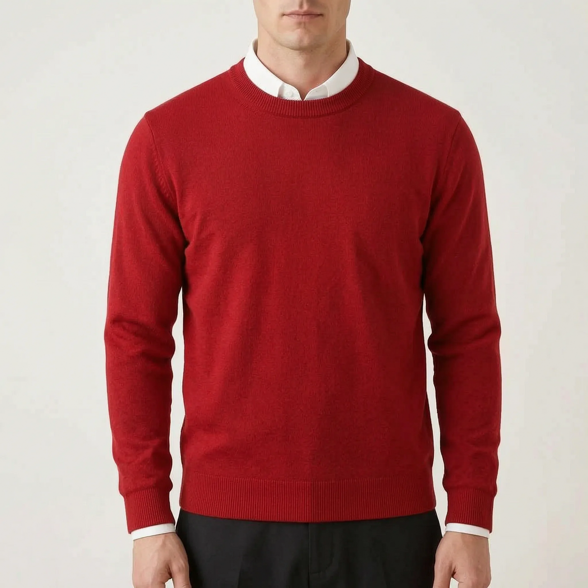 Men's plain crew neck sweater with long sleeves and ribbed trims