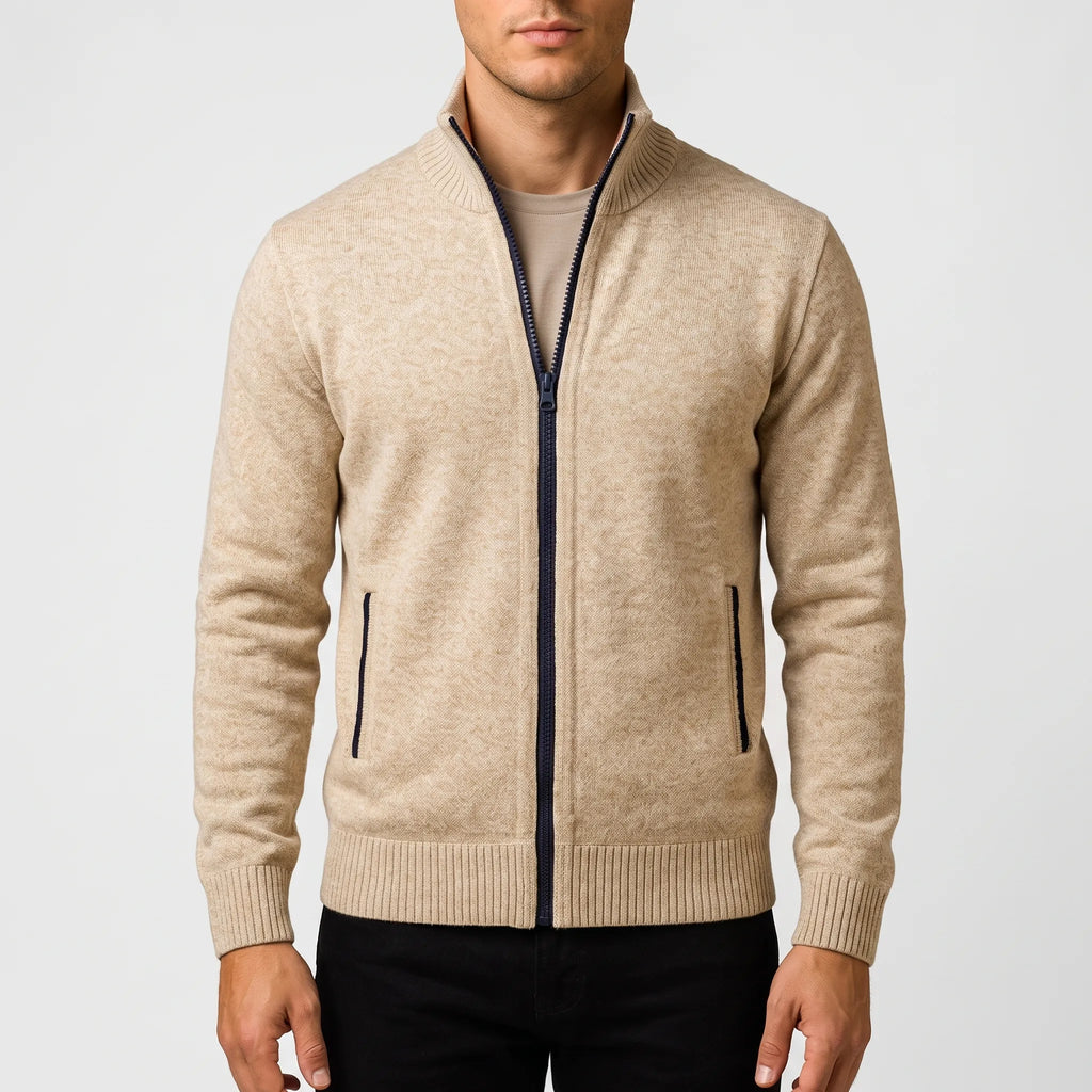 Men's textured zip-up cardigan with stand collar and front pockets