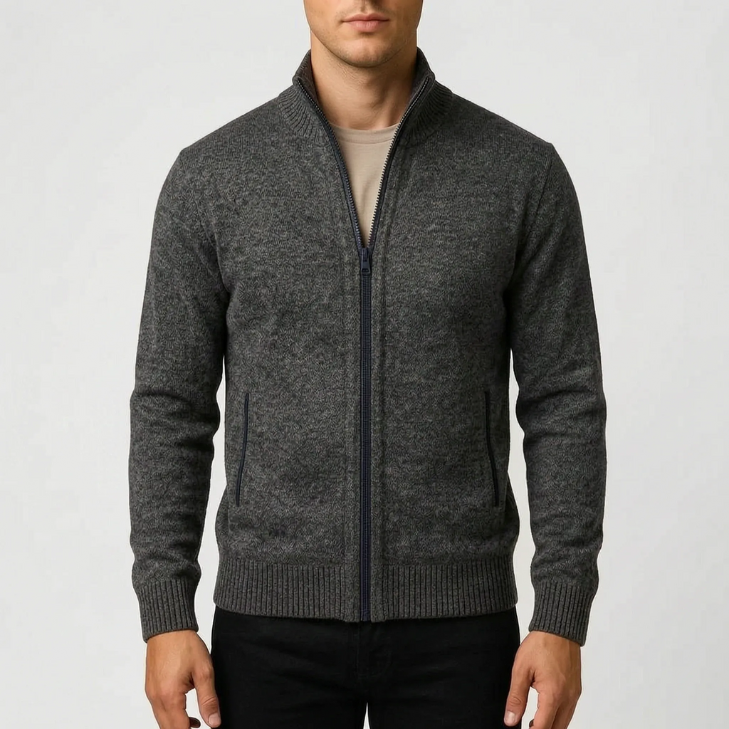 Men's textured zip-up cardigan with stand collar and front pockets
