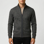 Men's textured zip-up cardigan with stand collar and front pockets