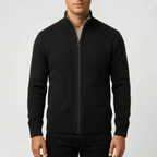 Men's textured zip-up cardigan with stand collar and front pockets