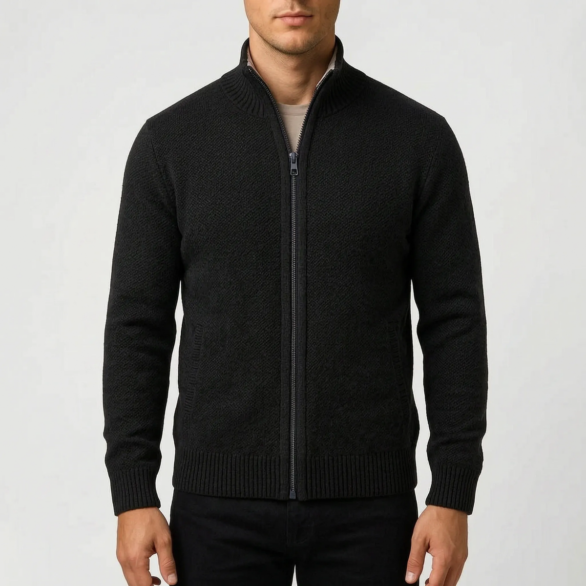 Men's textured zip-up cardigan with stand collar and front pockets