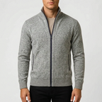 Men's textured zip-up cardigan with stand collar and front pockets