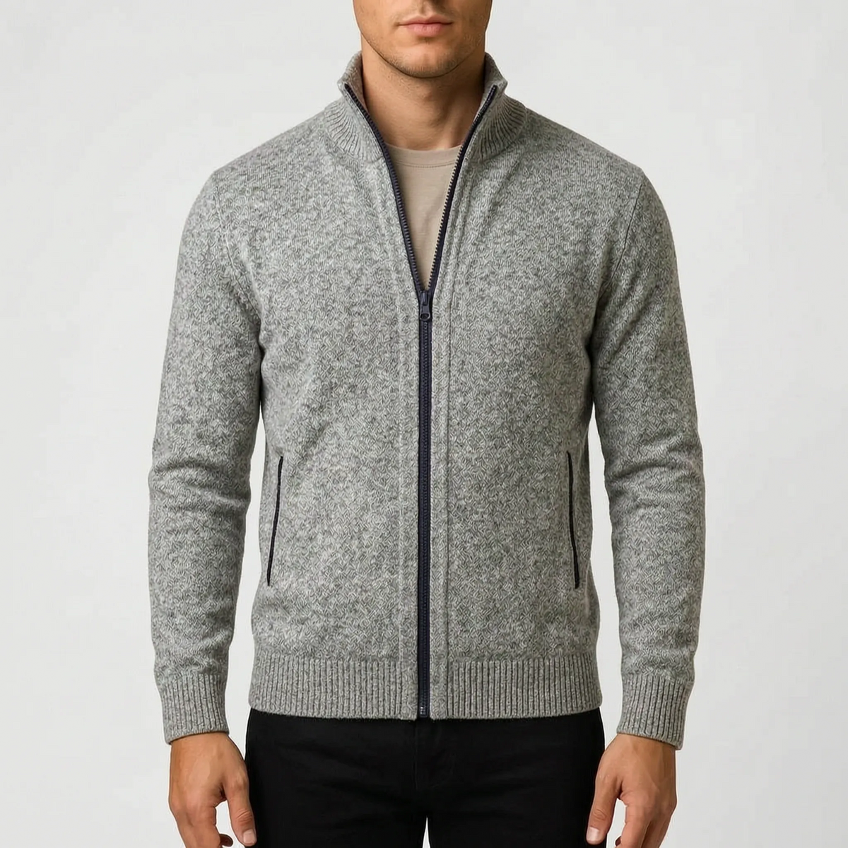 Men's textured zip-up cardigan with stand collar and front pockets