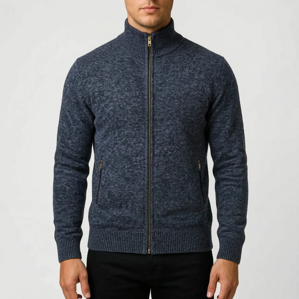 Men's textured zip-up cardigan with stand collar and front pockets