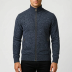Men's textured zip-up cardigan with stand collar and front pockets