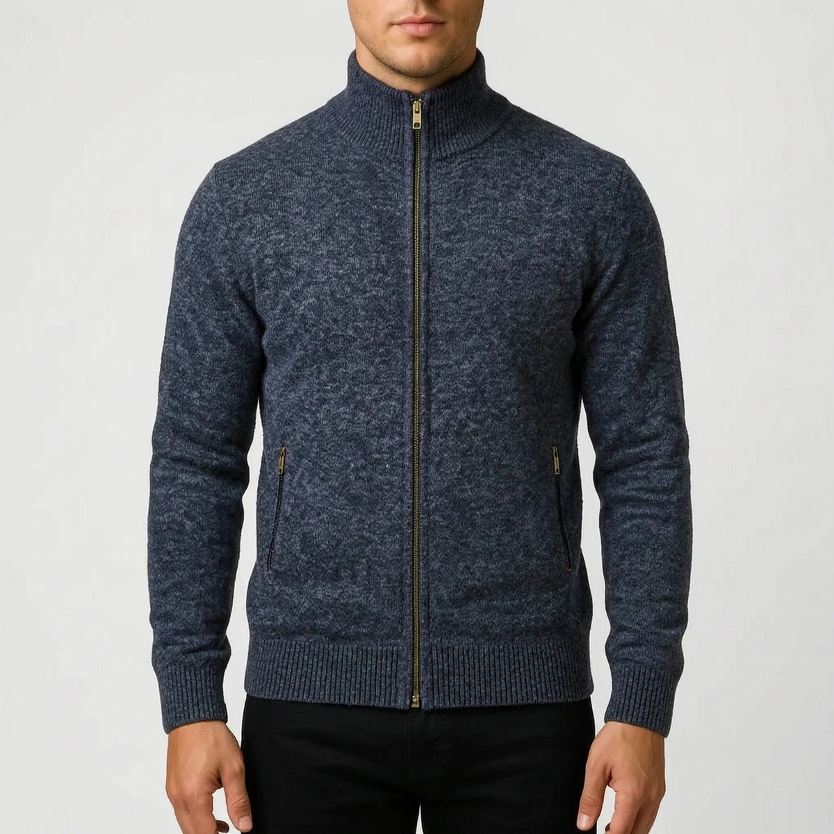 Men's textured zip-up cardigan with stand collar and front pockets