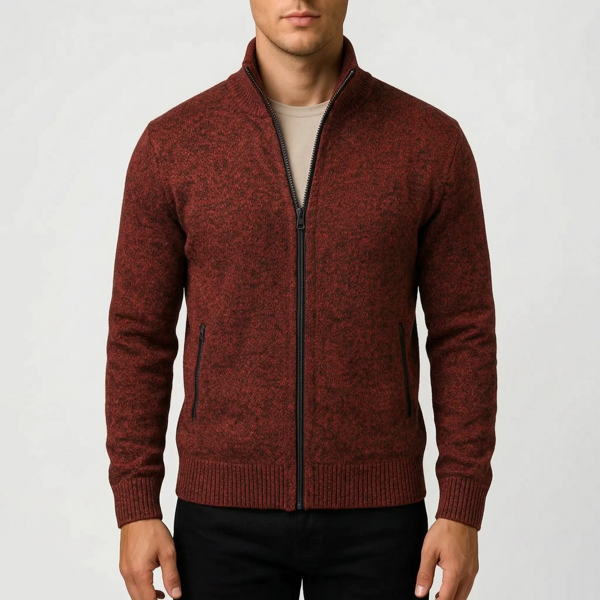 Men's textured zip-up cardigan with stand collar and front pockets