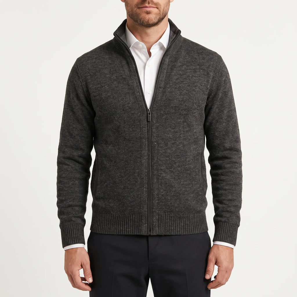 Men's textured zip-up cardigan with stand collar and front pockets