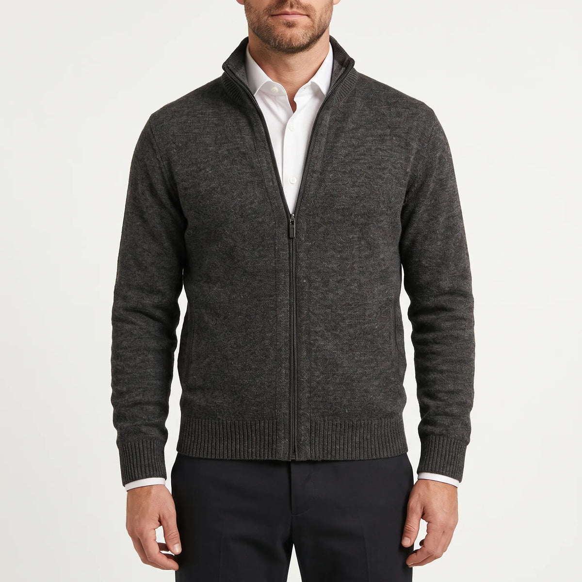 Men's textured zip-up cardigan with stand collar and front pockets