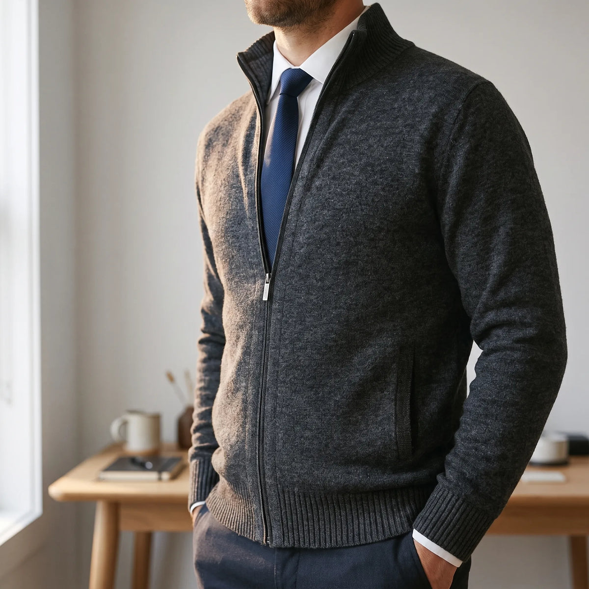 Men's textured zip-up cardigan with stand collar and front pockets