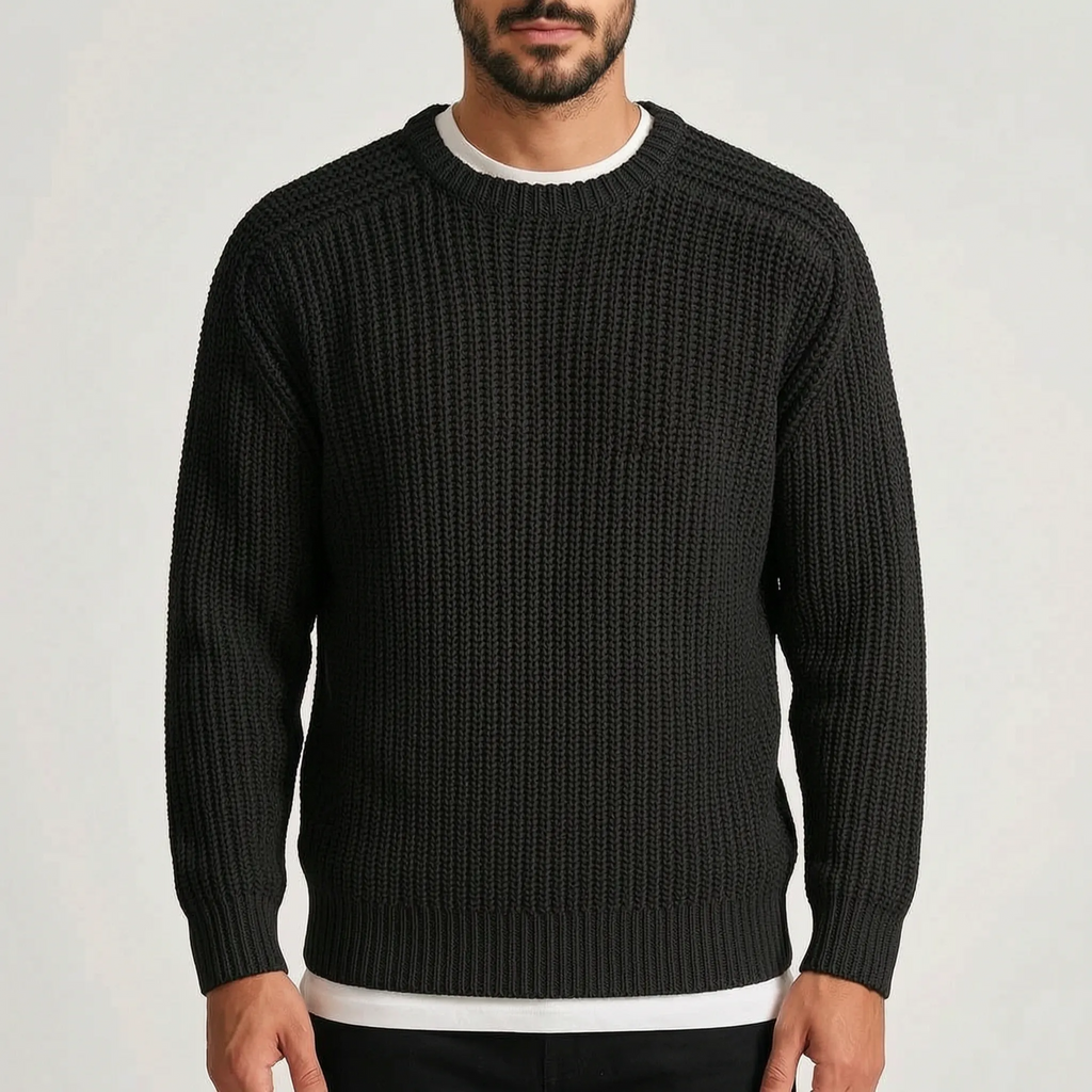 Men's textured crew neck jumper with long sleeves and ribbed trims