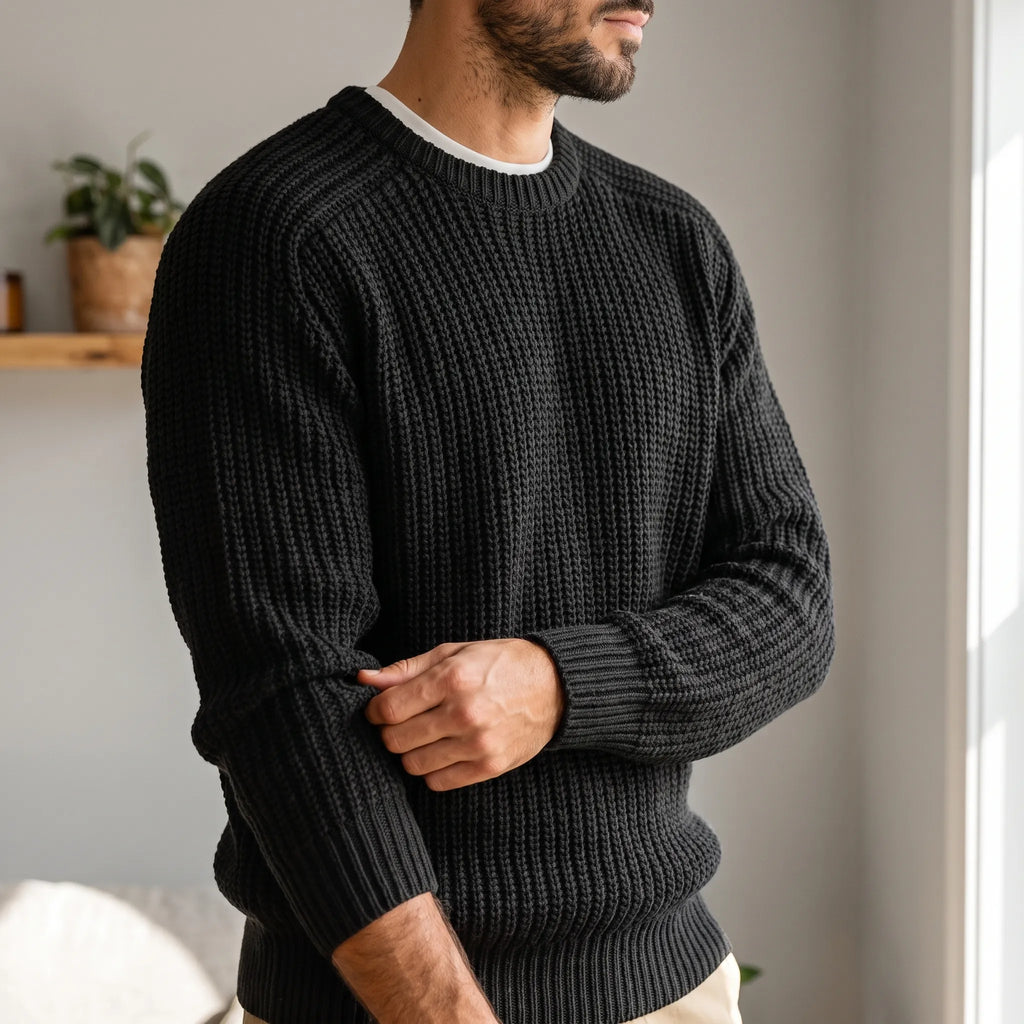 Men's textured crew neck jumper with long sleeves and ribbed trims