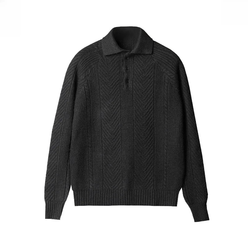 Men's textured polo jumper with long sleeves and collared neckline