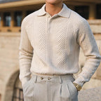 Men's textured polo jumper with long sleeves and collared neckline
