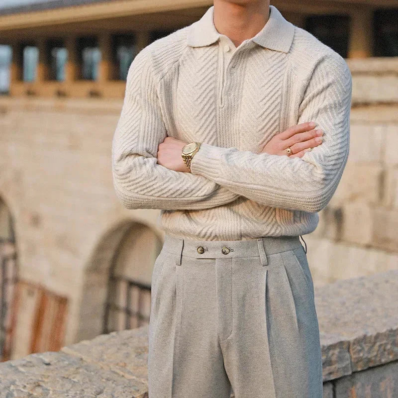 Men's textured polo jumper with long sleeves and collared neckline