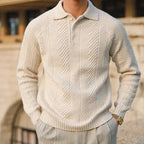 Men's textured polo jumper with long sleeves and collared neckline