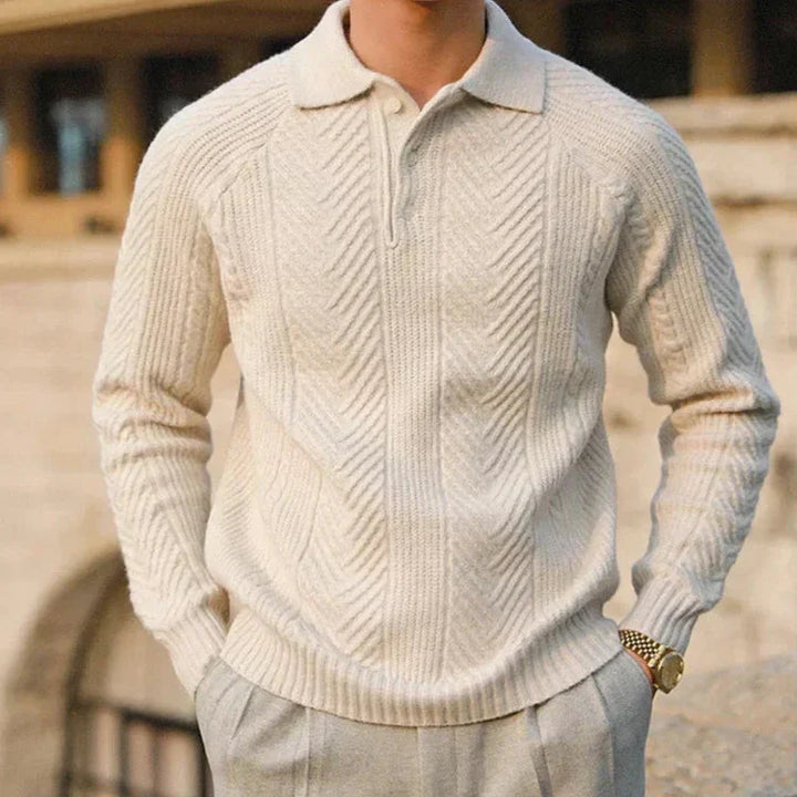 Men's textured polo jumper with long sleeves and collared neckline
