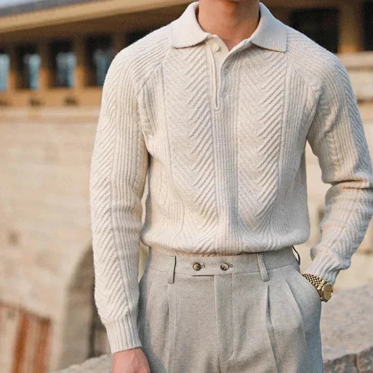 Men's textured polo jumper with long sleeves and collared neckline