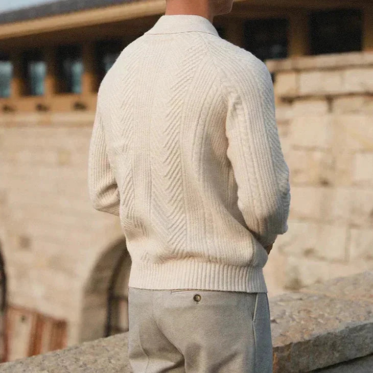 Men's textured polo jumper with long sleeves and collared neckline