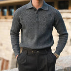 Men's textured polo jumper with long sleeves and collared neckline