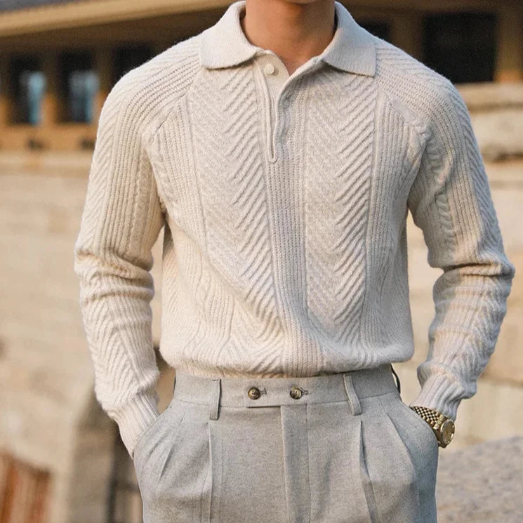 Men's textured polo jumper with long sleeves and collared neckline